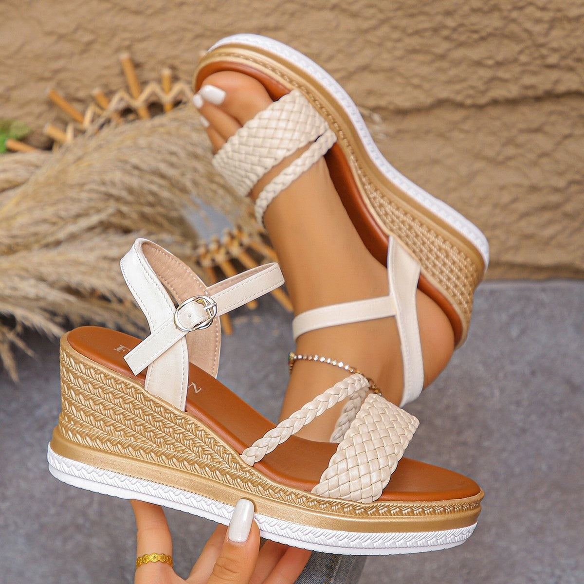 Women's Woven Espadrille Wedge Sandals – Mid Heel PU Leather