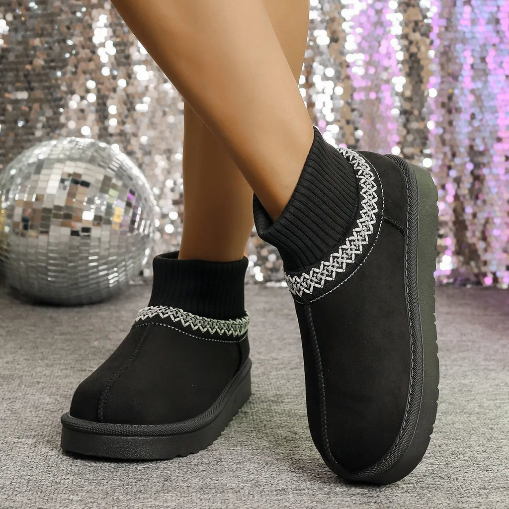 Women's Round Toe Platform Boots – Mesh & PU Leather Flat Boots