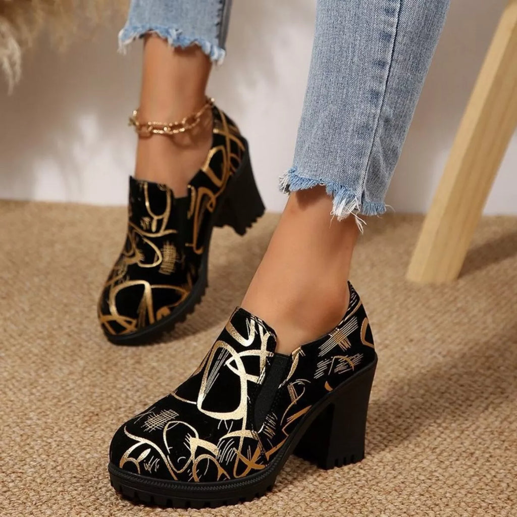 Women's Gold Round Toe Block Heel Pumps – PU Leather High Heels
