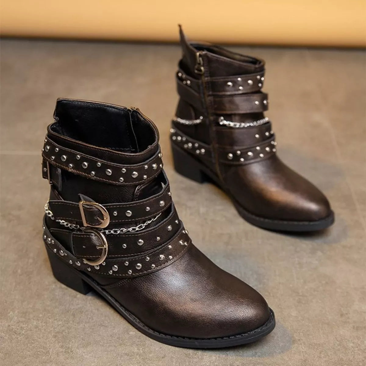 Women's Studded Buckle Ankle Boots – PU Leather Low Heel | 4 Colors