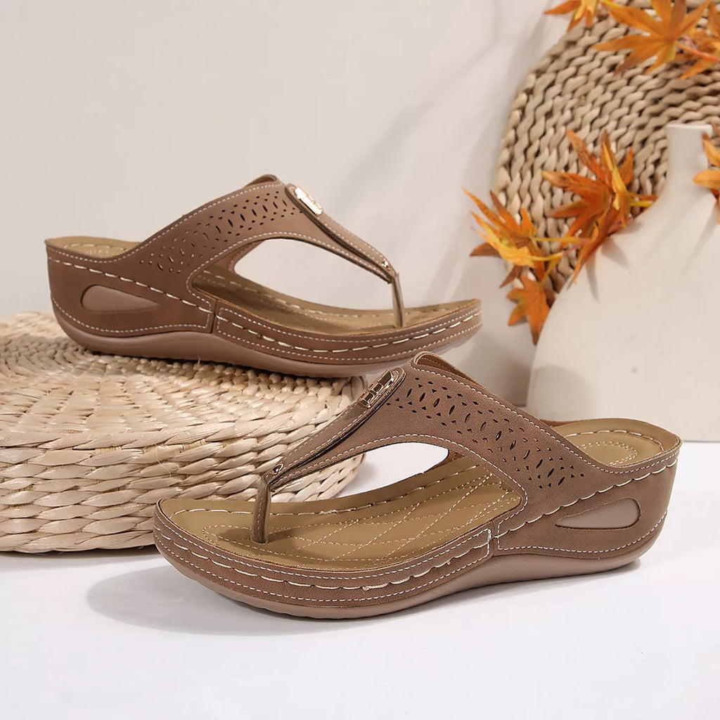 Women's Toe Post Wedge Sandals | PU Leather Low Heel Summer Shoes