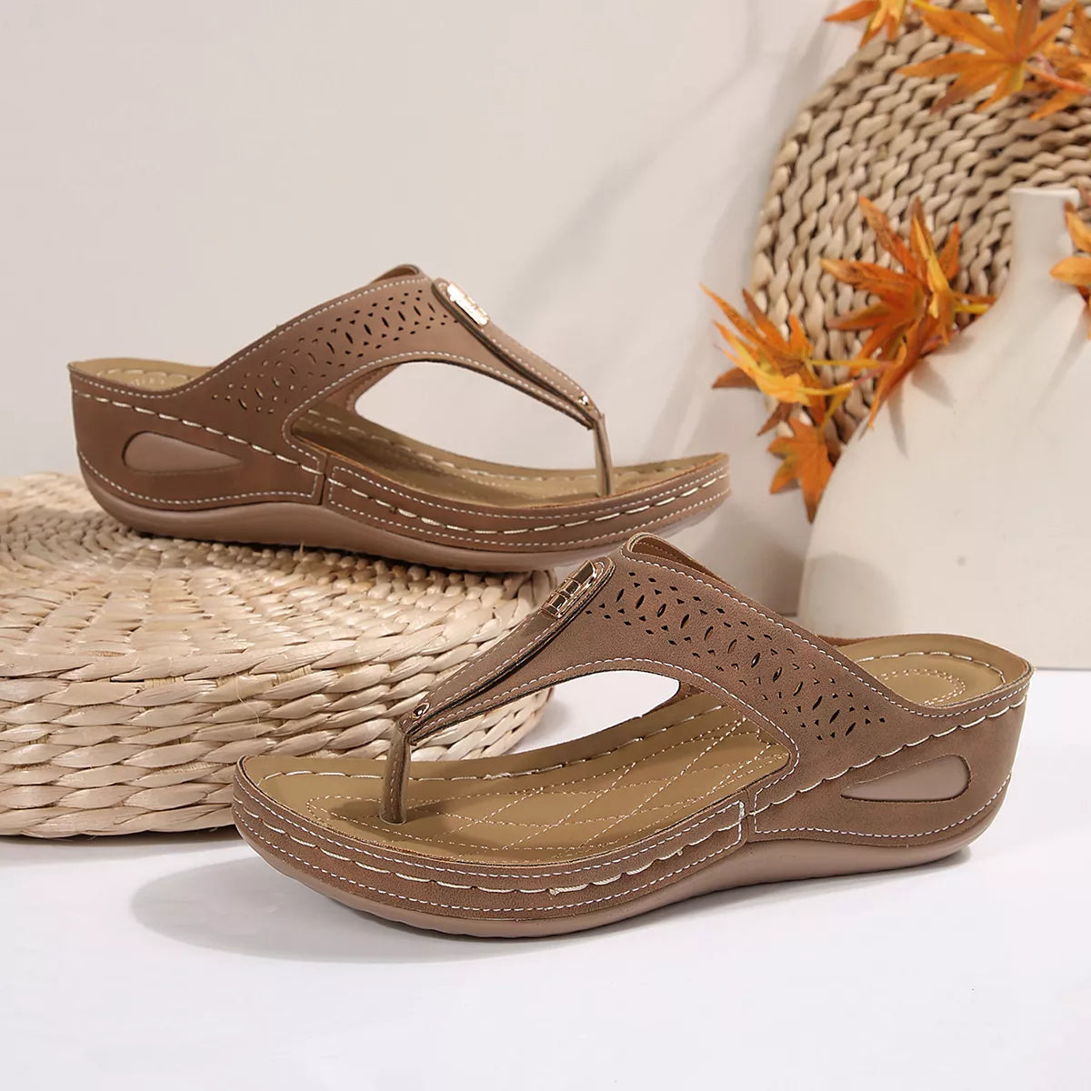 Women's Toe Post Wedge Sandals | PU Leather Low Heel Summer Shoes