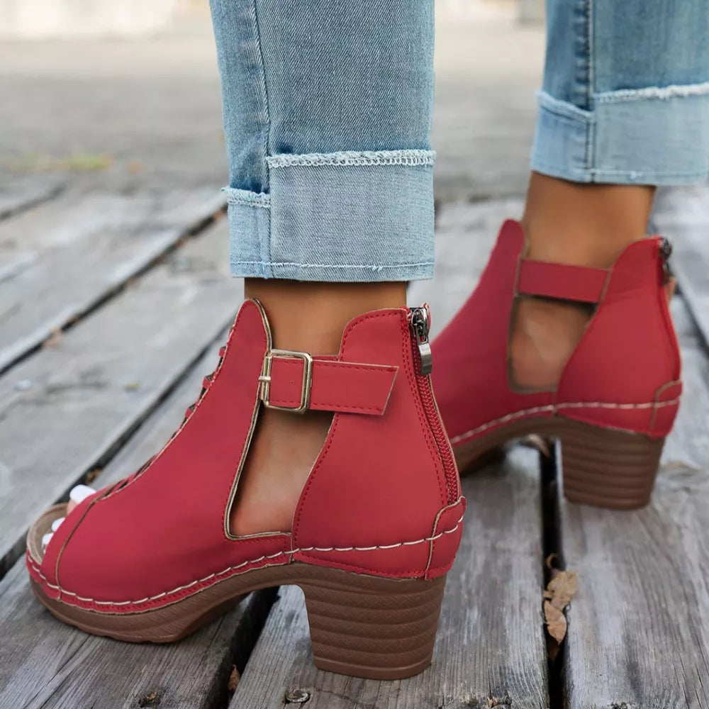 Women's Buckle Block Heel Sandals – Mid Heel PU Leather