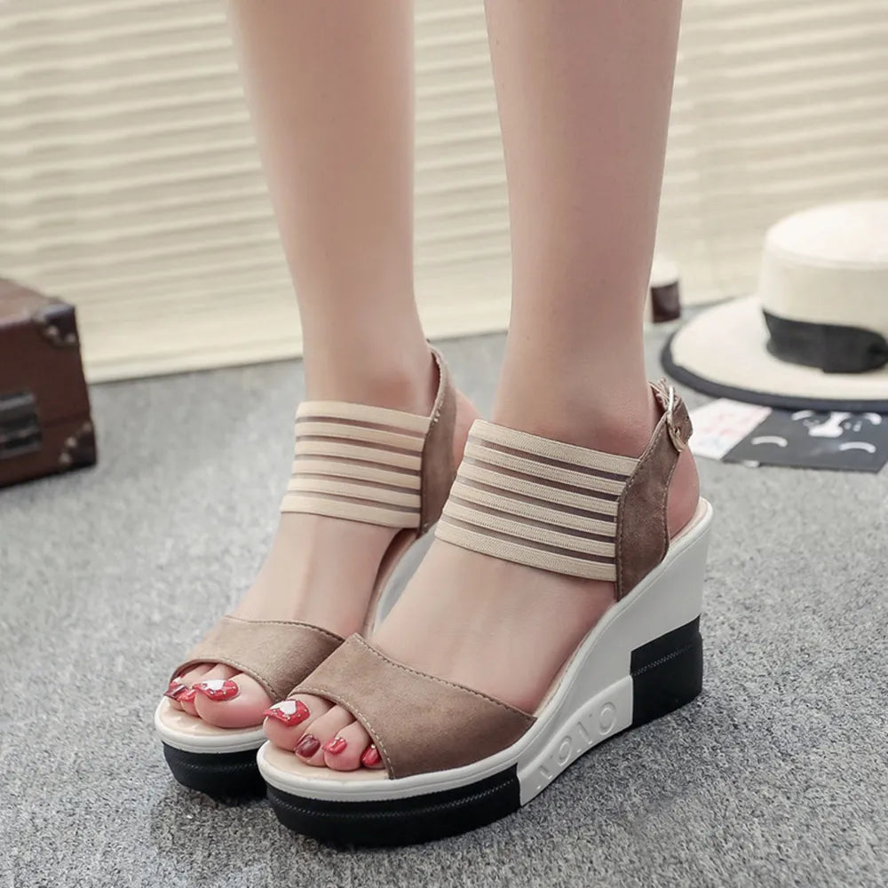 Women's Contrast Platform Wedge Sandals – Mid Heel Mesh & Suede