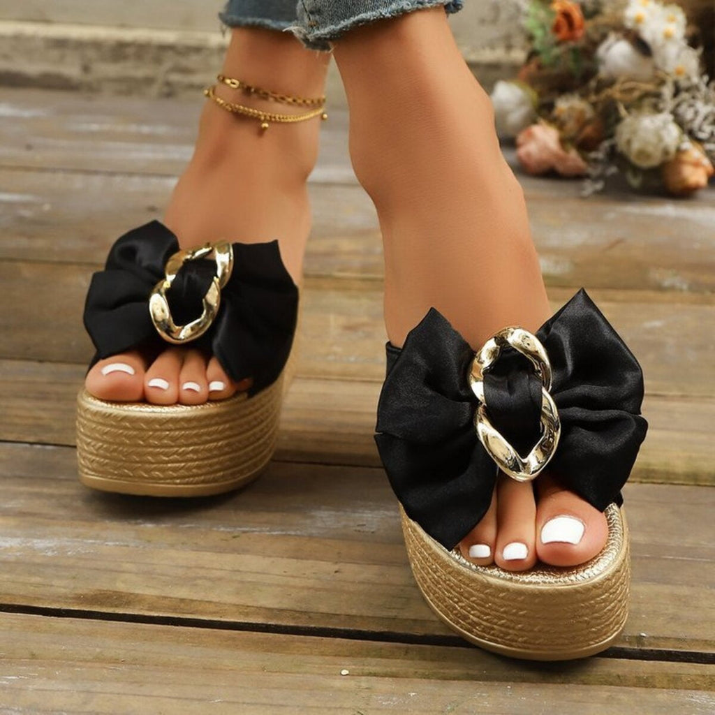 Women's Bow Platform Wedge Sandals – High Heel PU Leather & Polyester
