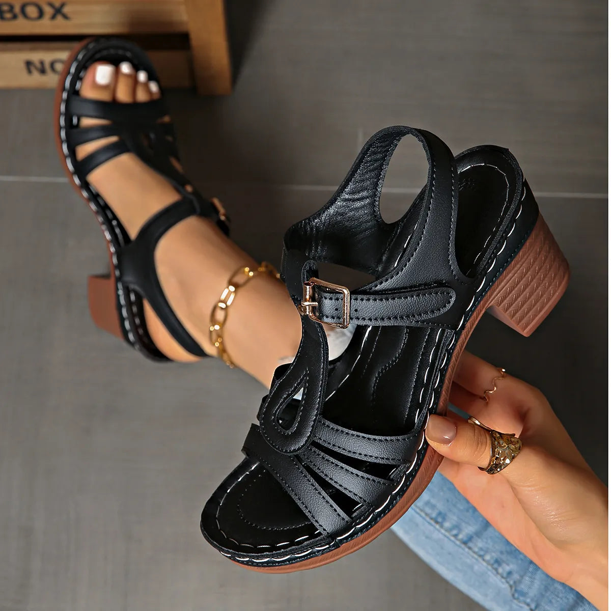 Women's Buckle Strap Block Heel Sandals | Mid Heel PU Leather Dress Sandals in Black & Brown EU 36-43