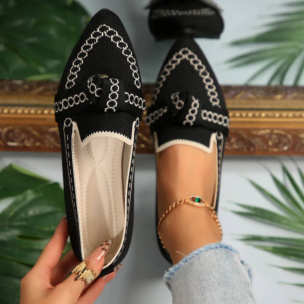 Women's Knitted Slip-On Flats with Bow | Mesh Comfort Shoes