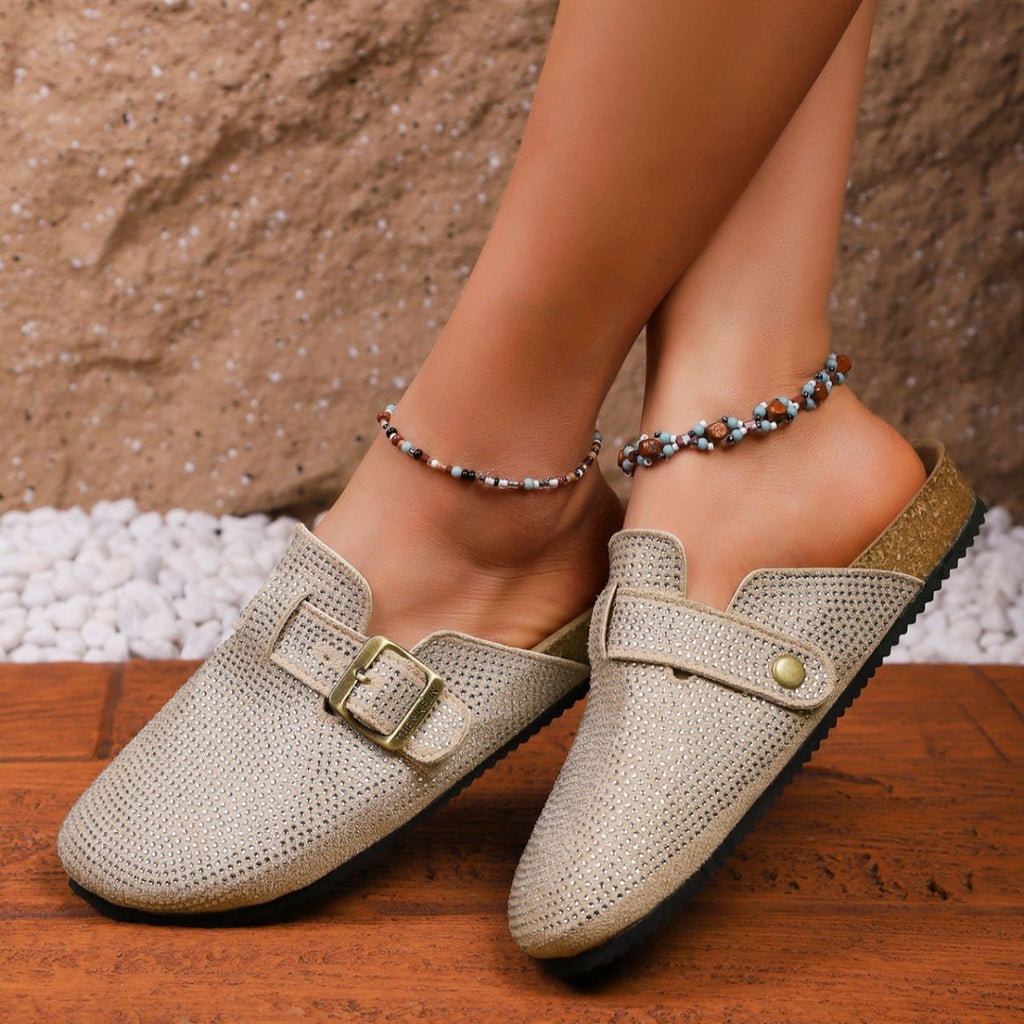 Women's Rhinestone Buckle Accent Slip-Ons | Low Heel PU Leather Shoes