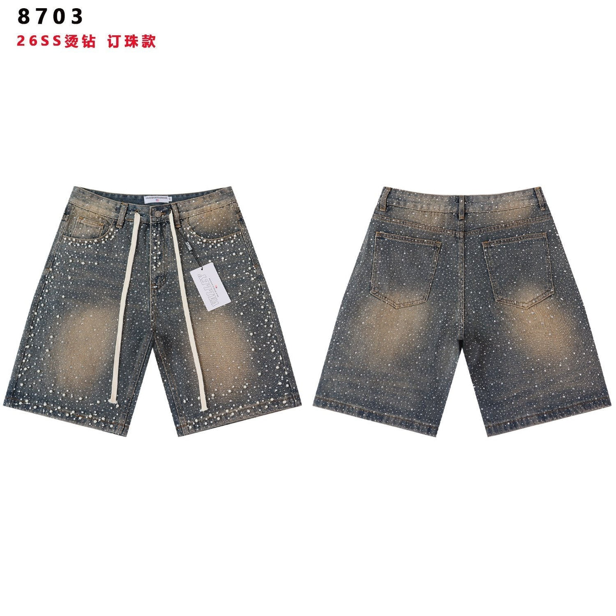 VALE Pearl-Studded Washed Denim Shorts ¡ª front