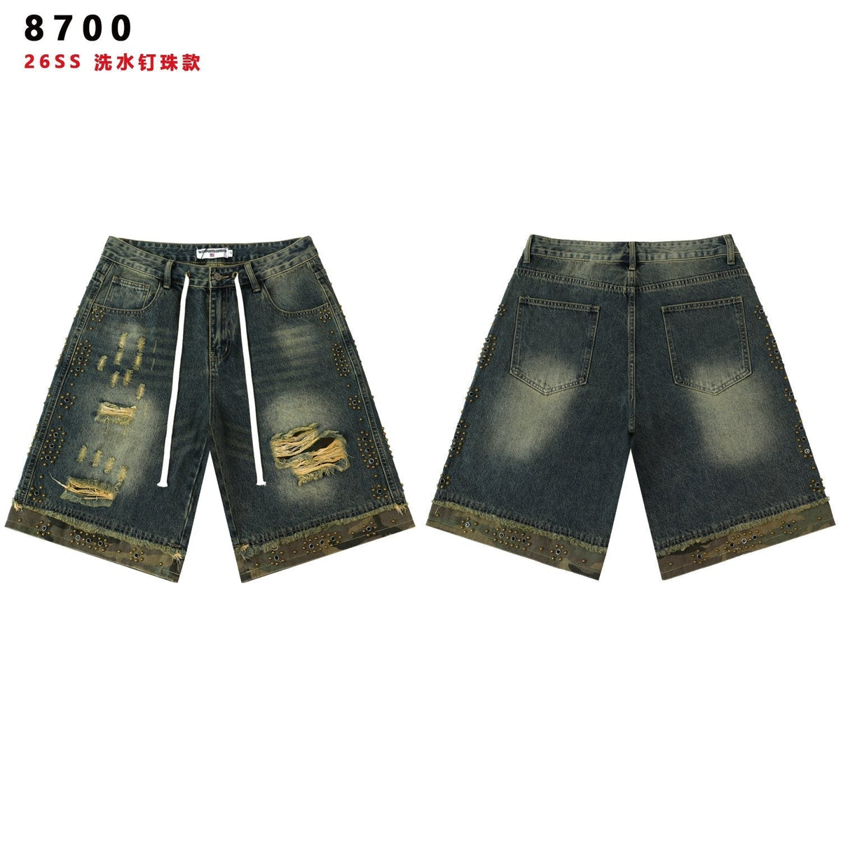 VALLEY Studded Distressed Washed Denim Shorts ¡ª front