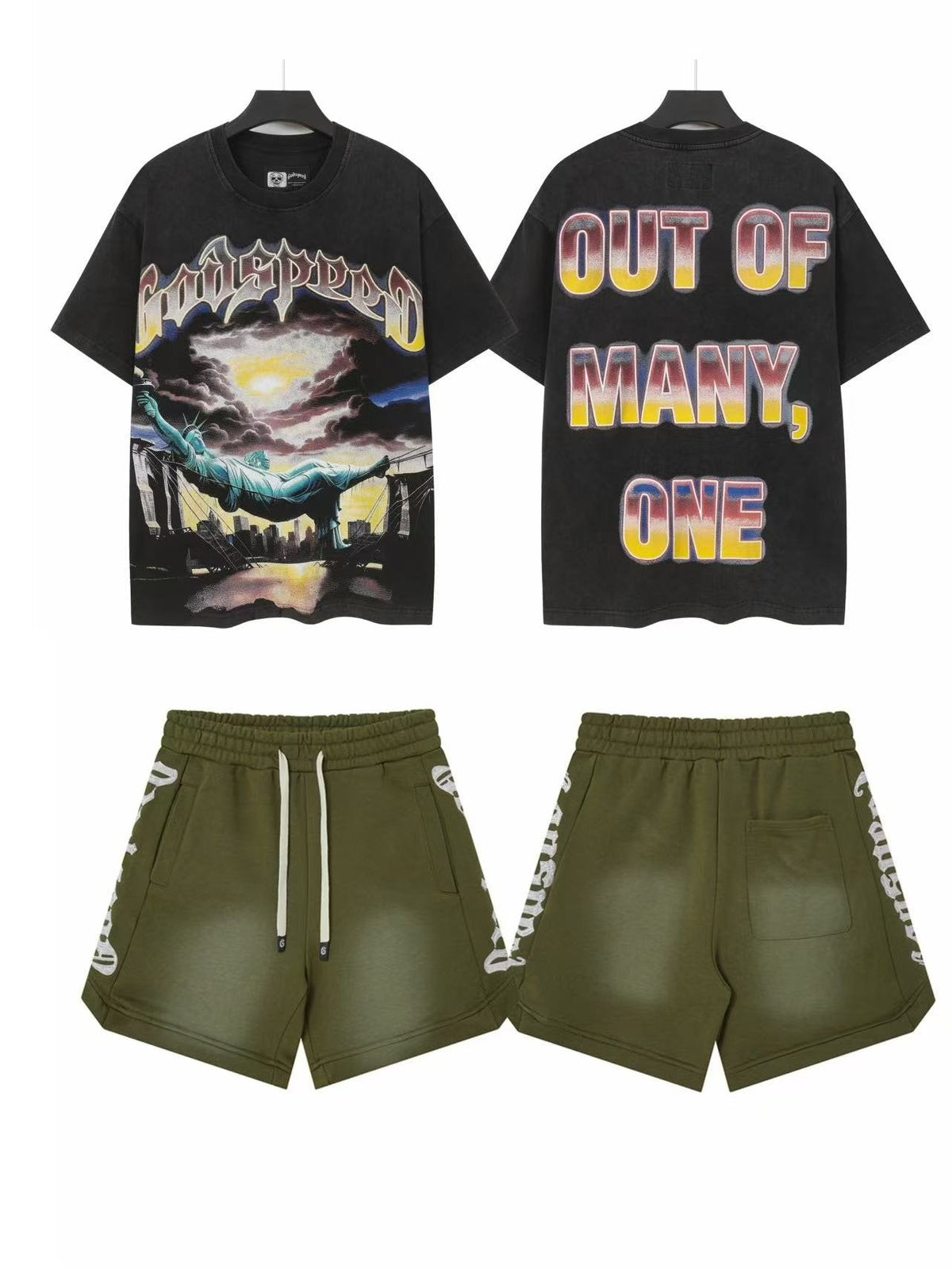 Godspeed Out Of Many Landscape T-Shirt & Shorts Set ¡ª front