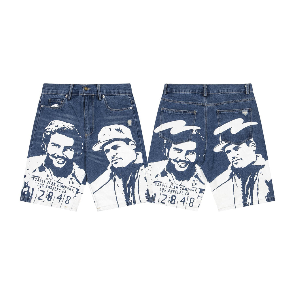 ASAALL Portrait Graphic Washed Denim Shorts ¡ª front