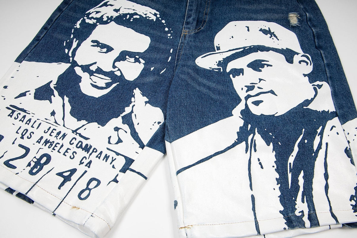 ASAALL Portrait Graphic Washed Denim Shorts ¡ª detail
