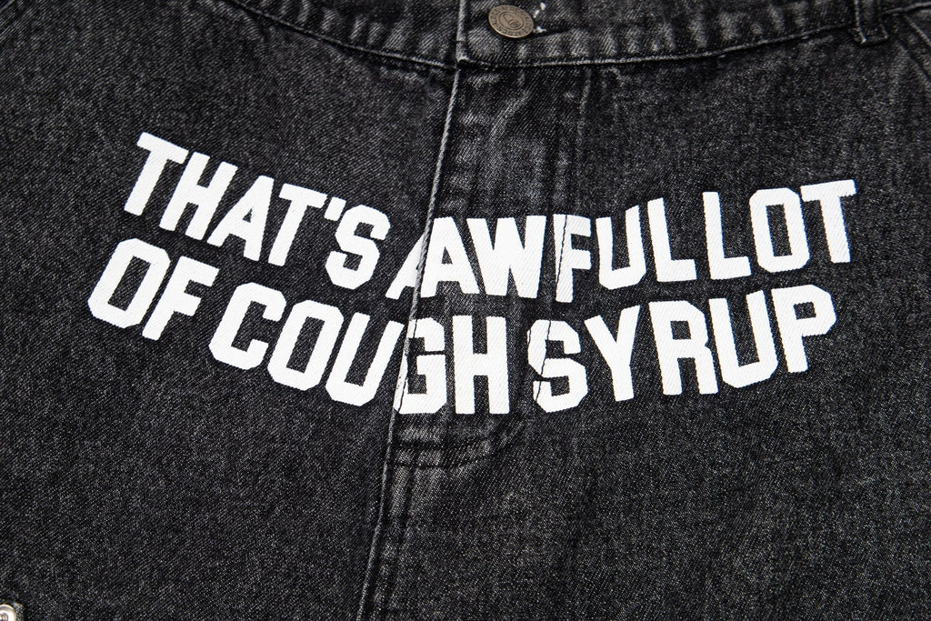 THAT'S A AWFUL LOT OF COUGH SYRUP Washed Denim Graphic Shorts ¡ª detail