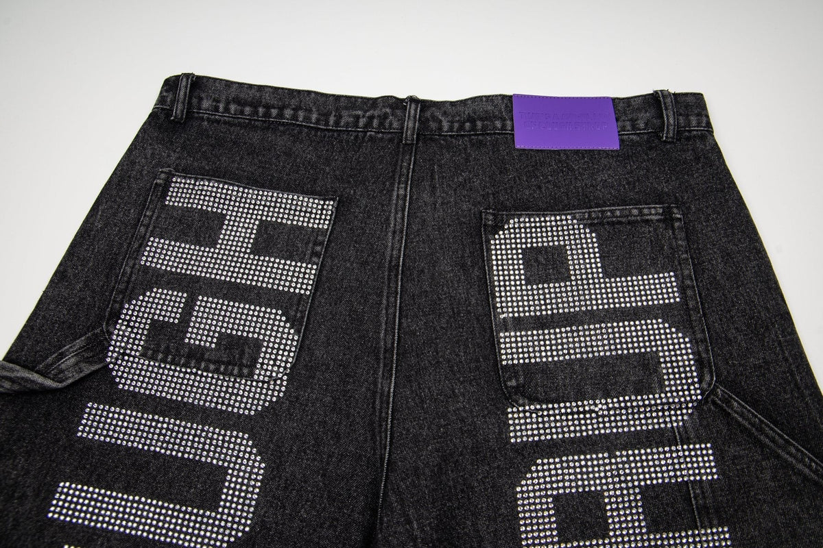 THAT'S A AWFUL LOT OF COUGH SYRUP Rhinestone Washed Denim Shorts ¡ª detail