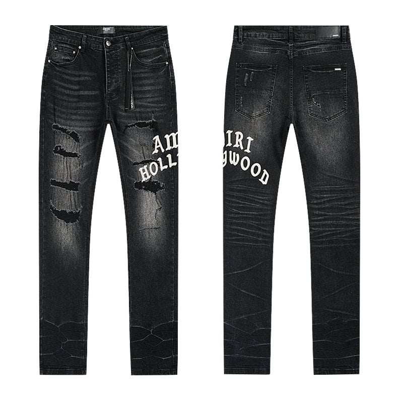 AMIRI Hollywood Lettering Distressed Jeans in Black ¡ª hero