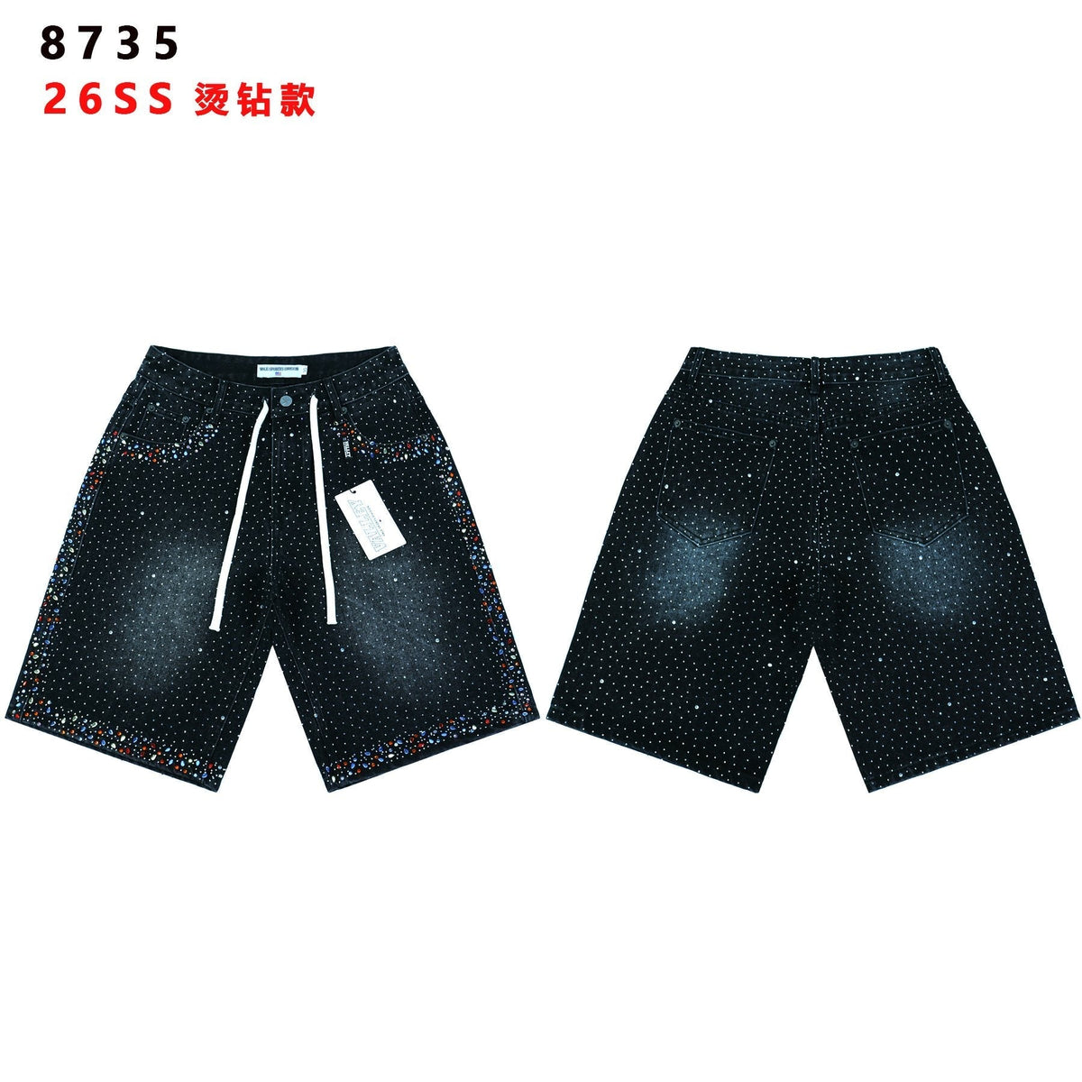 VALLEY Rhinestone Splatter Washed Denim Shorts ¡ª front