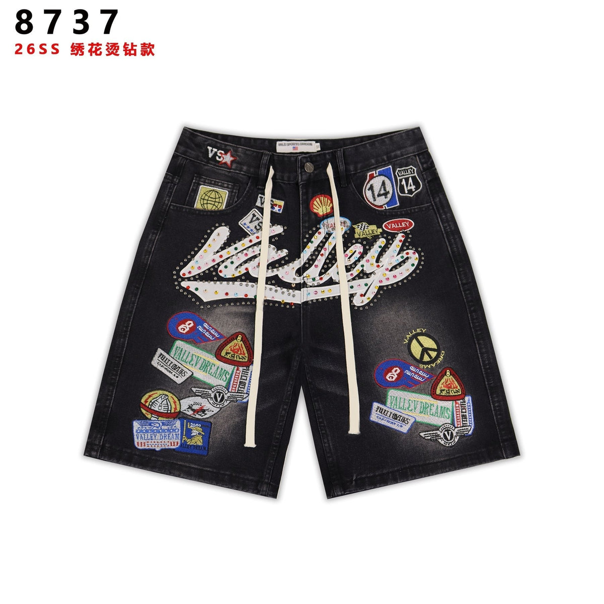 VALE SPORTS DIVISION Patch Embroidered Studded Denim Shorts ¡ª front