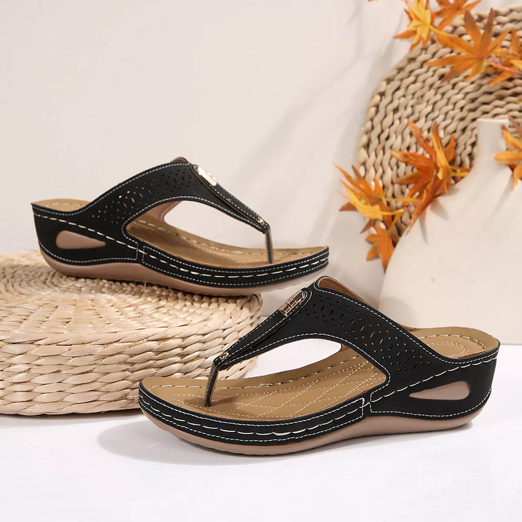 Women's Toe Post Wedge Sandals | PU Leather Low Heel Summer Shoes