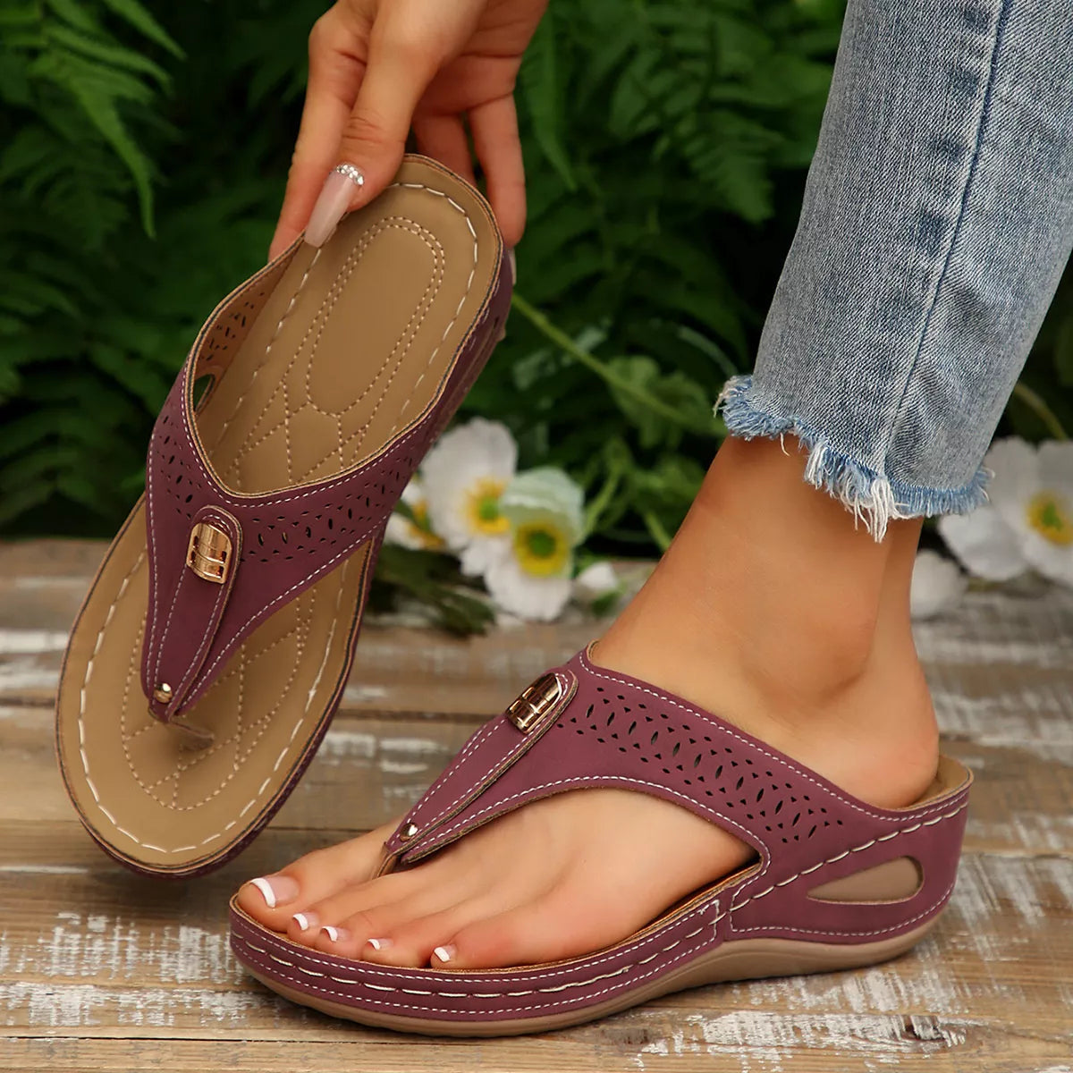 Women's Toe Post Wedge Sandals | PU Leather Low Heel Summer Shoes