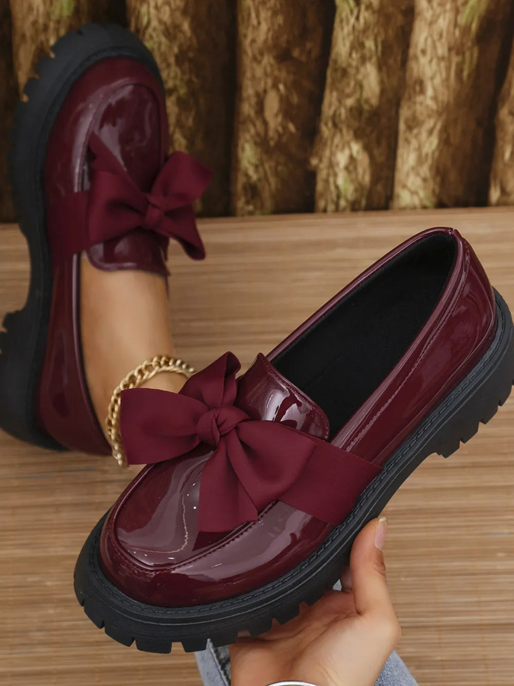 Women's Bow PU Leather Round Toe Loafers | Mid Heel Slip-On Shoes