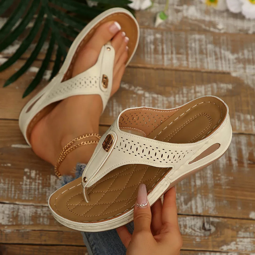 Women's Toe Post Wedge Sandals – Low Heel PU Leather Flip Flop Style