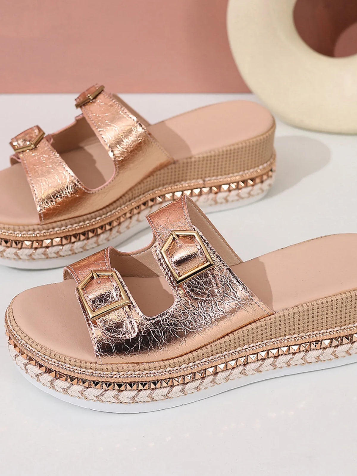 Women's Platform Double Buckle Sandals | Low Heel PU Leather Shoes