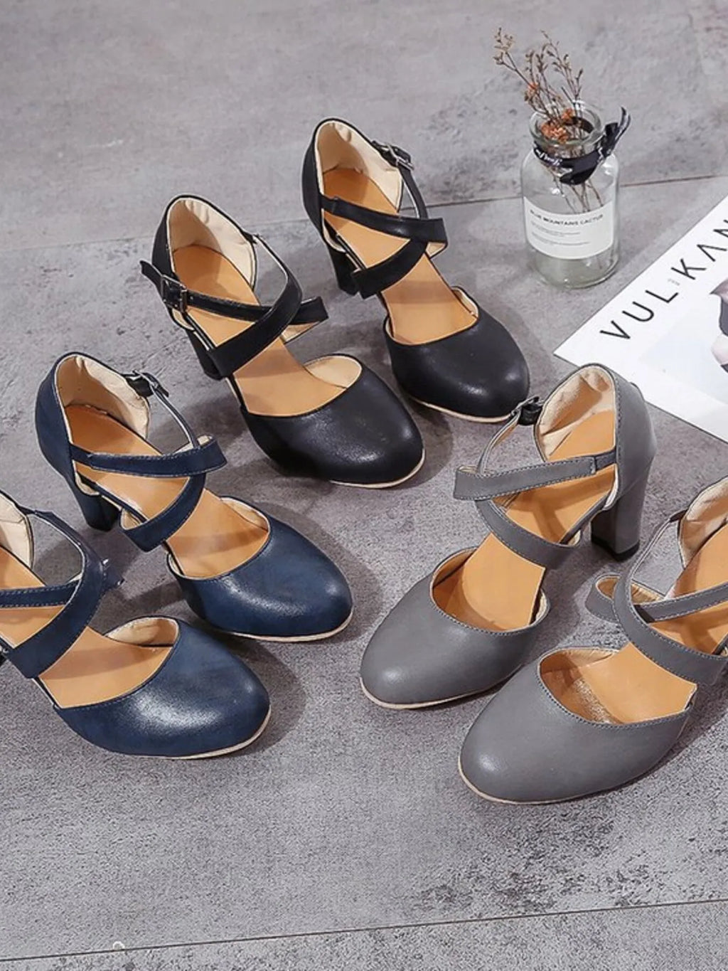 Women's Cross-Strap Block Heel Pumps | High Heel PU Leather Shoes