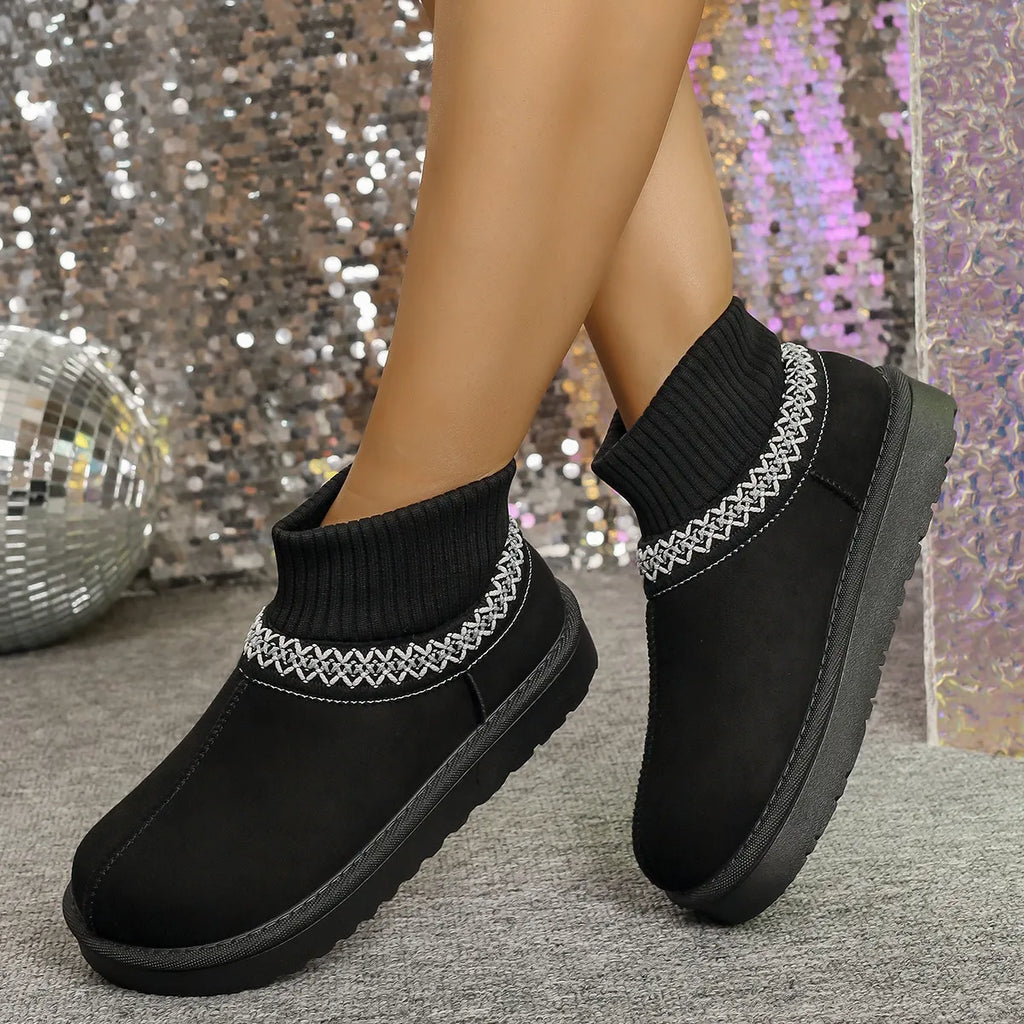 Women's Round Toe Platform Boots – Mesh & PU Leather Flat Boots