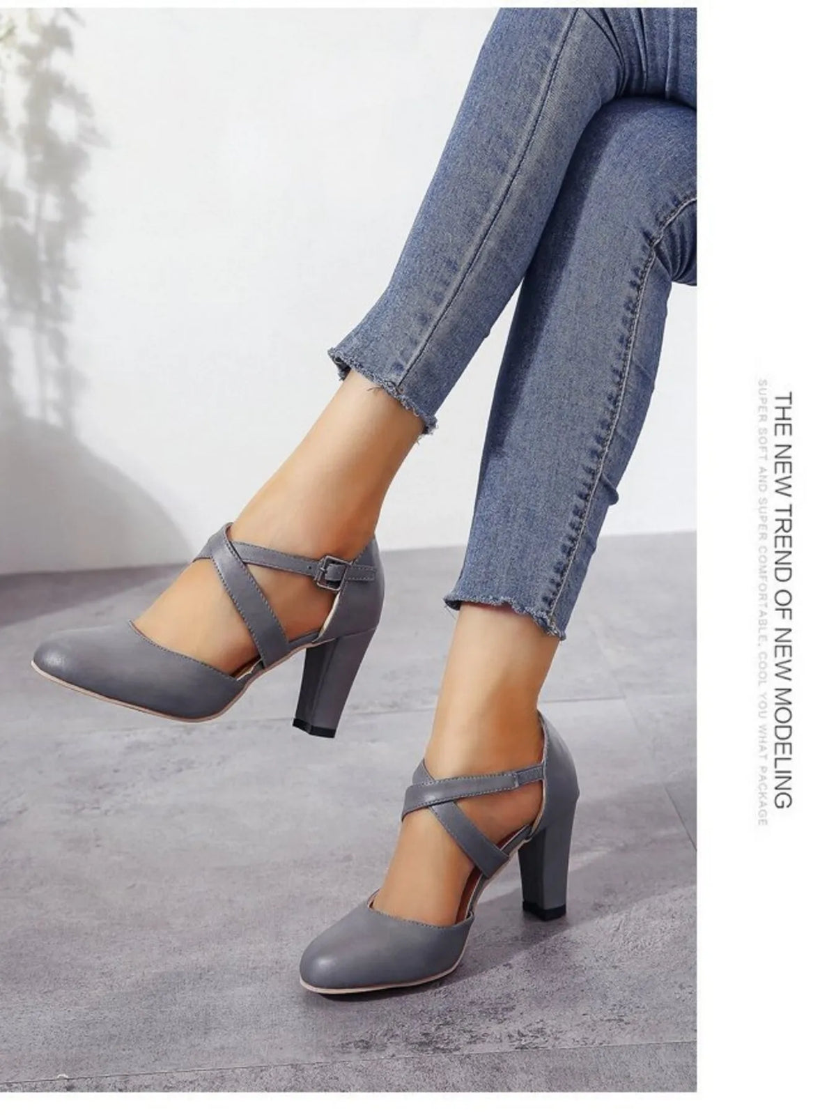 Women's Cross-Strap Block Heel Pumps | High Heel PU Leather Shoes