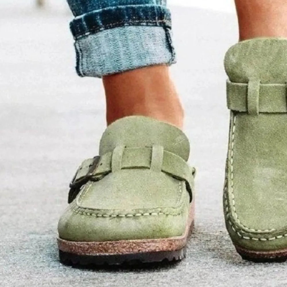 Women's Round Toe Low Heel Buckle Loafers | PU Leather Casual Shoes
