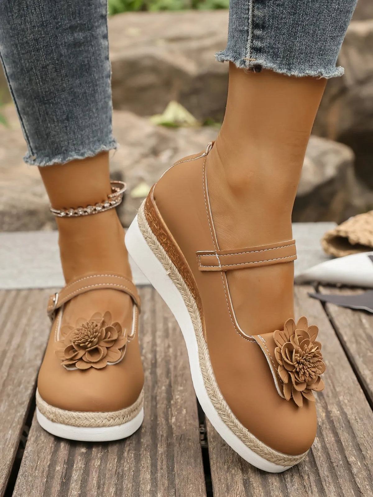 Women's Flower Embellished Mary Jane Loafers | Low Heel PU Leather Shoes