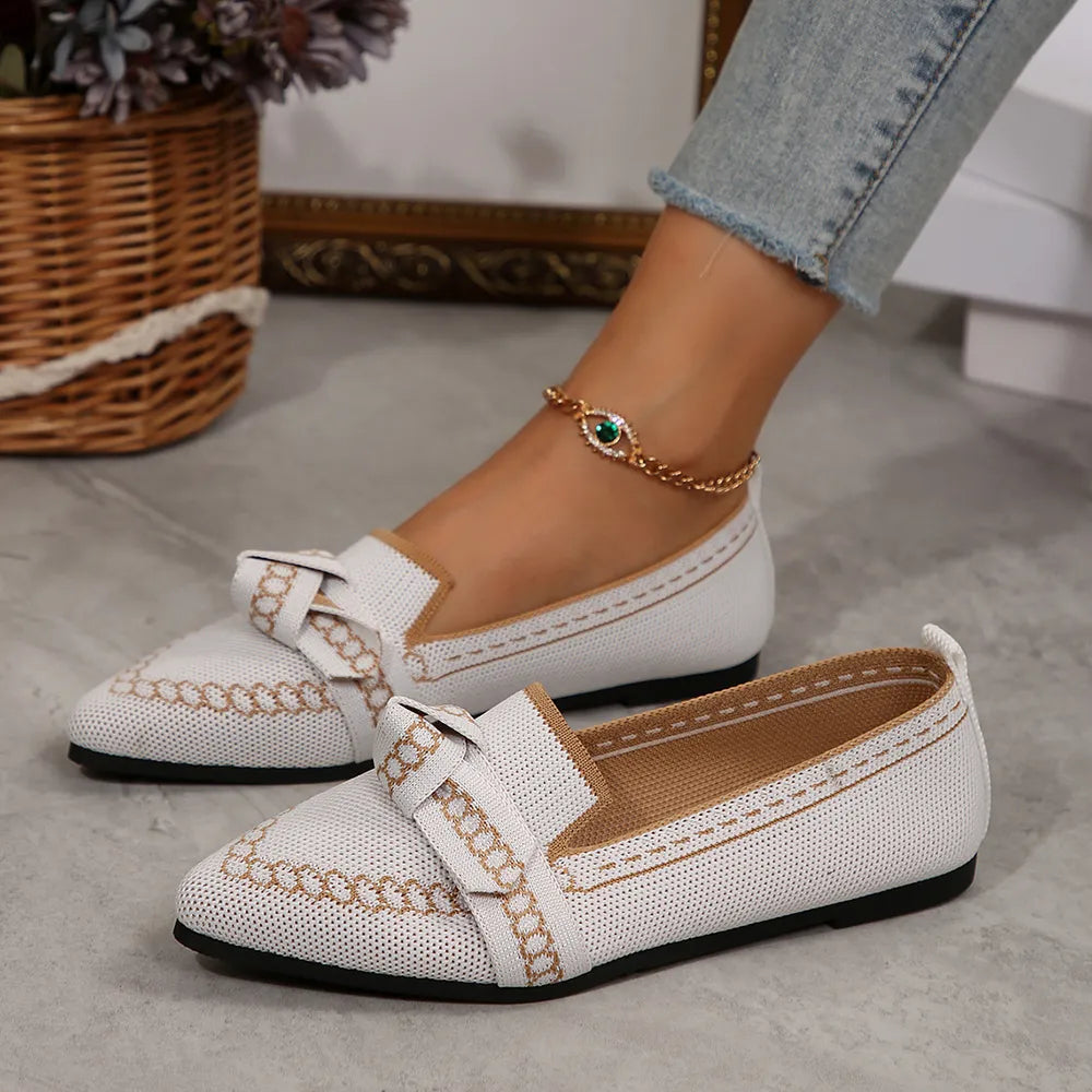 Women's Knitted Slip-On Flats with Bow | Mesh Comfort Shoes