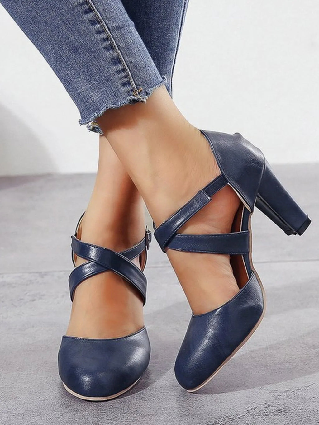 Women's Cross-Strap Block Heel Pumps | High Heel PU Leather Shoes
