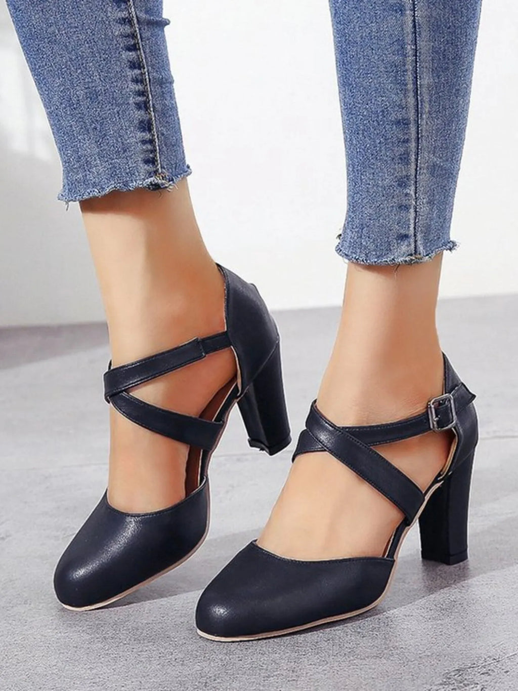 Women's Cross-Strap Block Heel Pumps | High Heel PU Leather Shoes