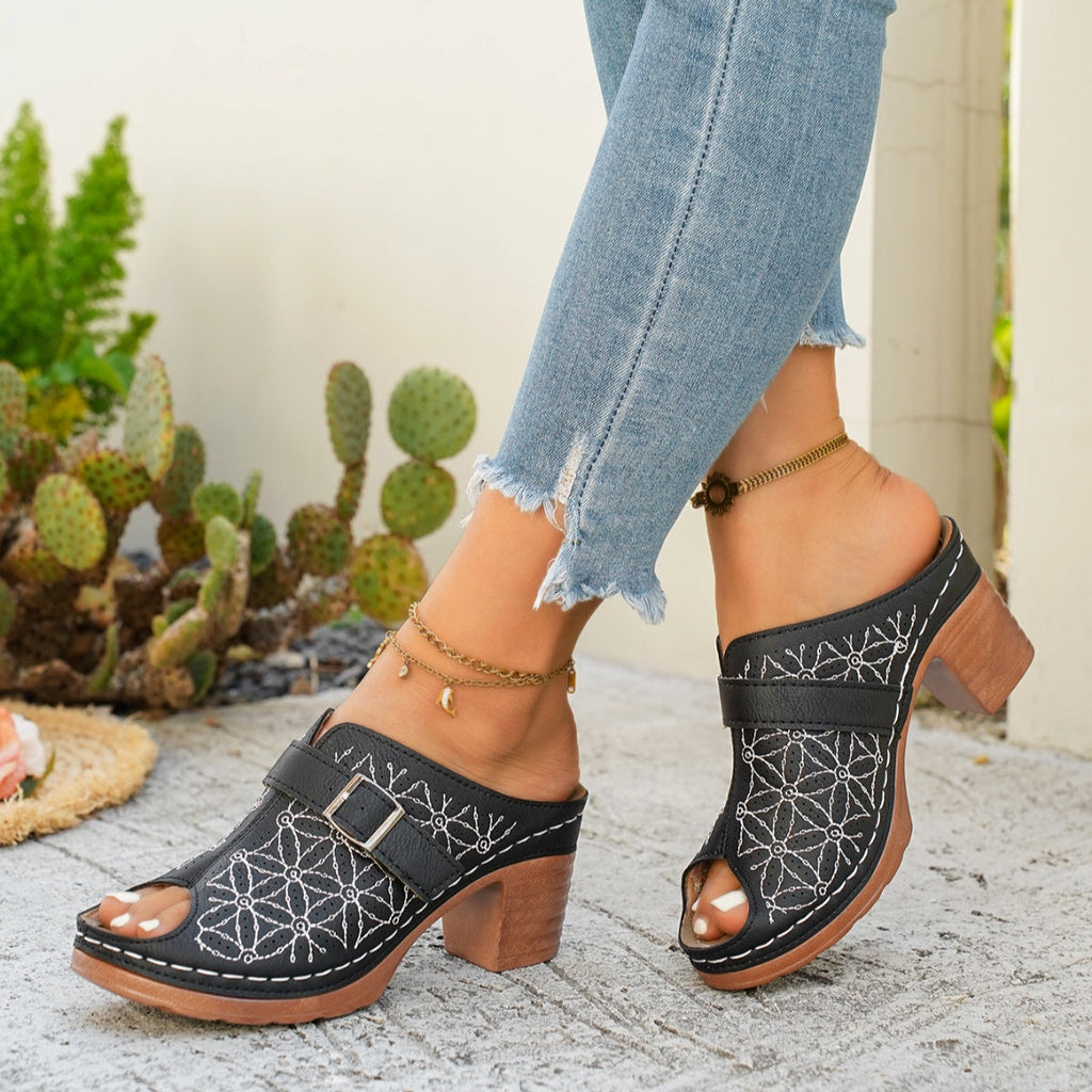 Women's Buckle Decor Block Heel Sandals – PU Leather Mid Heel