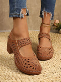 Women's Cutout Block Heel Sandals | Mid Heel PU Leather Dress Sandals in 4 Colors EU 36-43