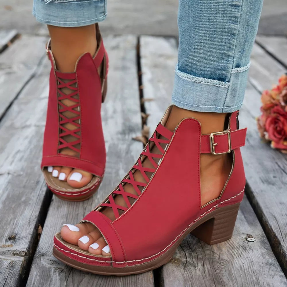 Women's Buckle Block Heel Sandals – Mid Heel PU Leather