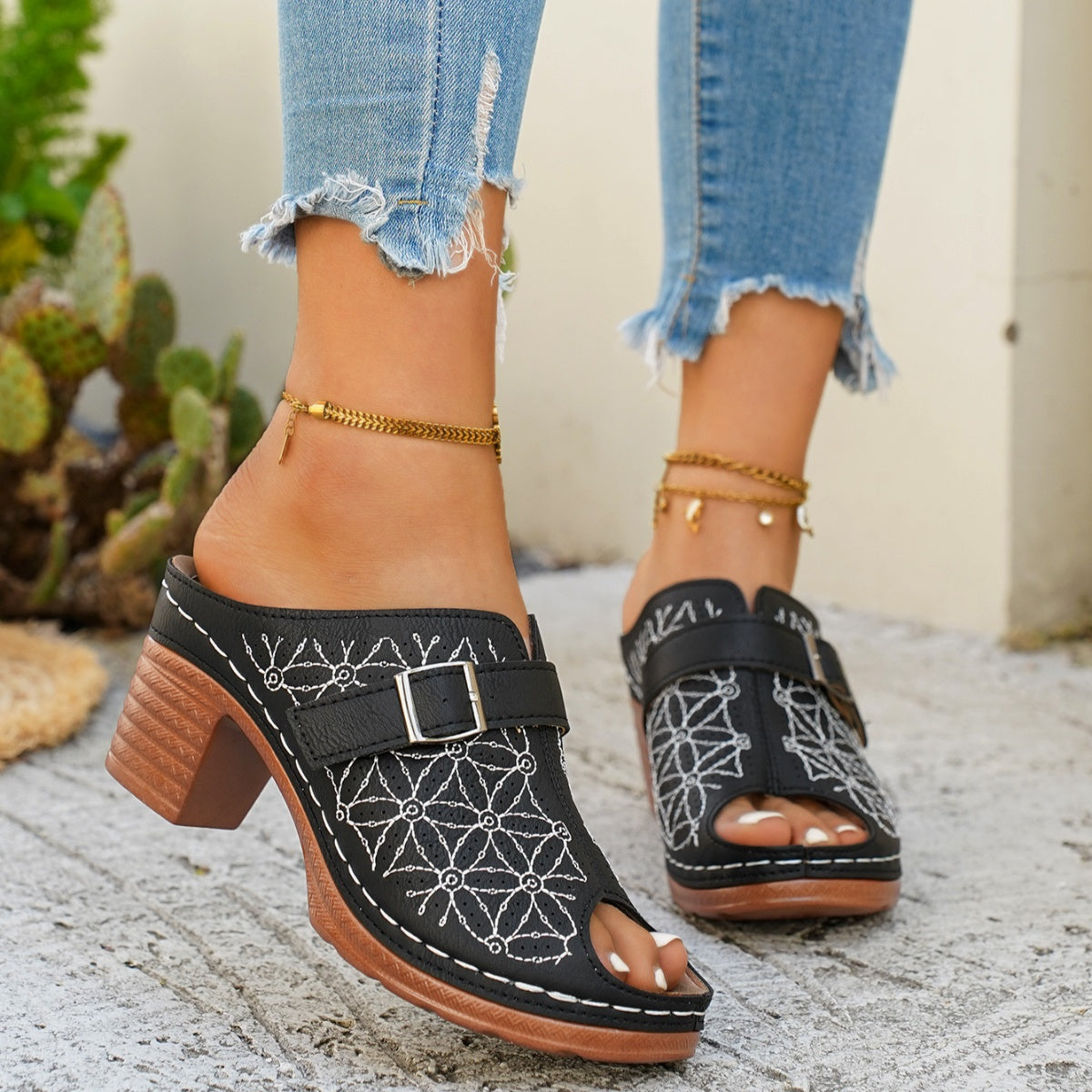 Women's Buckle Decor Block Heel Sandals – PU Leather Mid Heel
