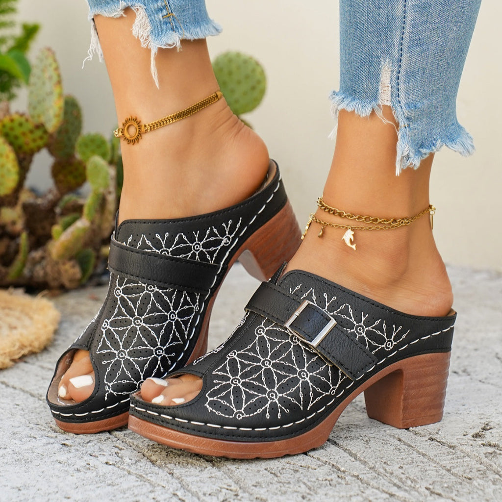 Women's Buckle Decor Block Heel Sandals – PU Leather Mid Heel