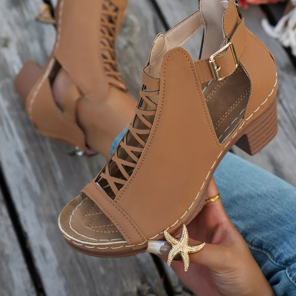 Women's Buckle Block Heel Sandals – Mid Heel PU Leather