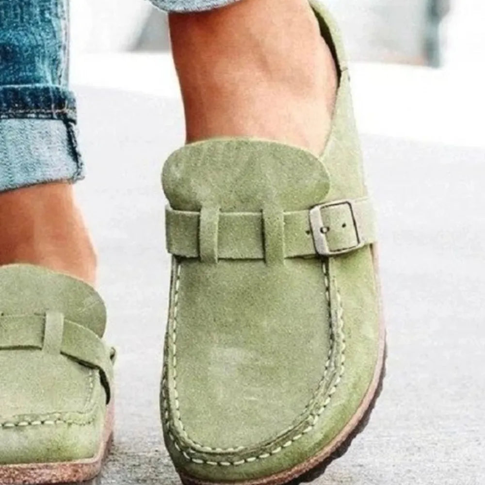 Women's Round Toe Low Heel Buckle Loafers | PU Leather Casual Shoes
