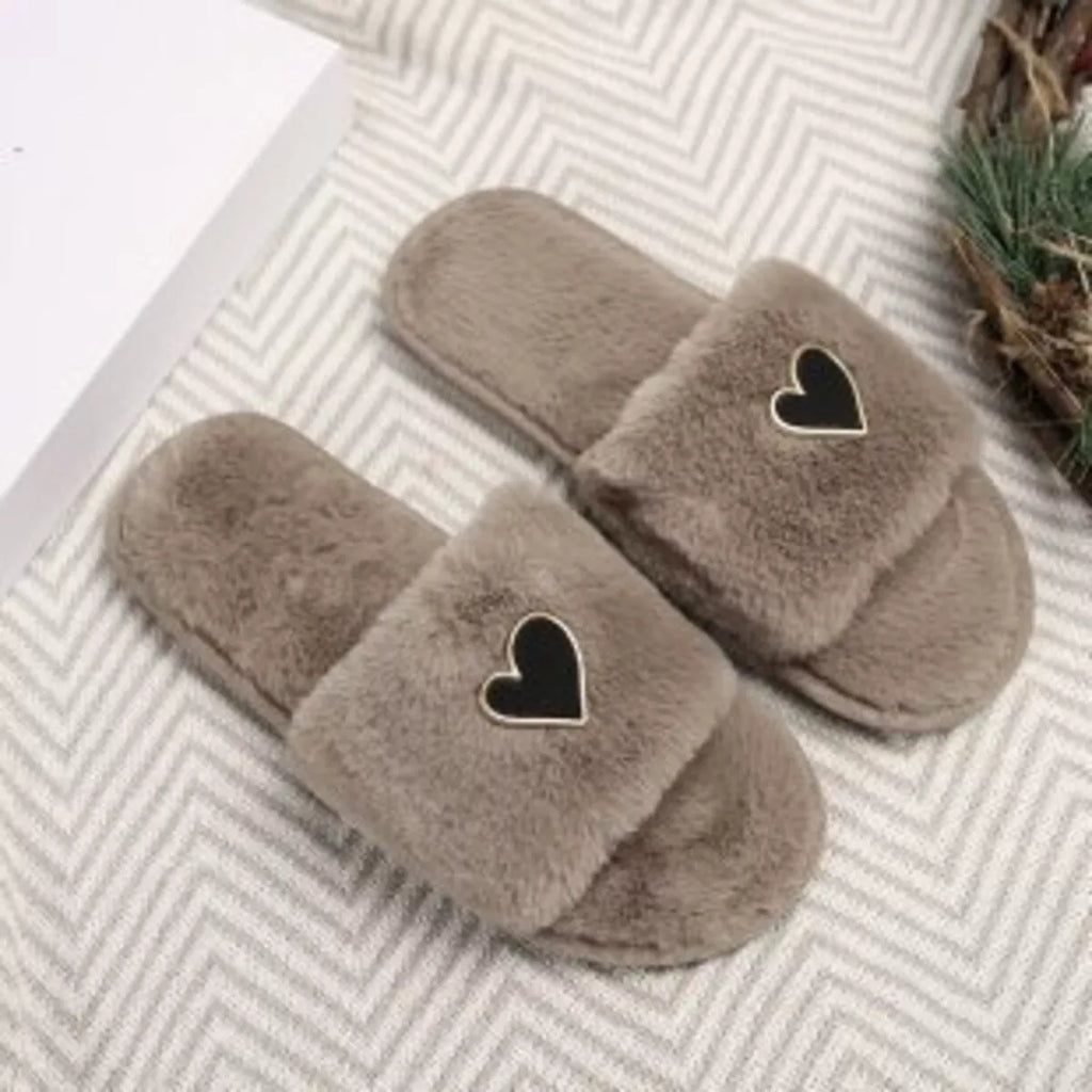 Women's Heart Open Toe Flat Slippers | Fluffy PU Leather Slip-On Sandals in 3 Colors EU 36-43