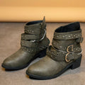Women's Studded Buckle Ankle Boots – PU Leather Low Heel | 4 Colors