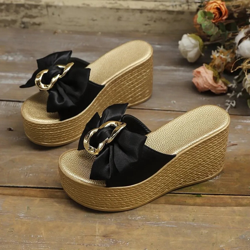 Women's Bow Platform Wedge Sandals – High Heel PU Leather & Polyester