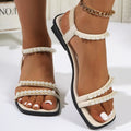 Women's Pearl Embellished Open Toe Sandals – PU Leather Low Heel