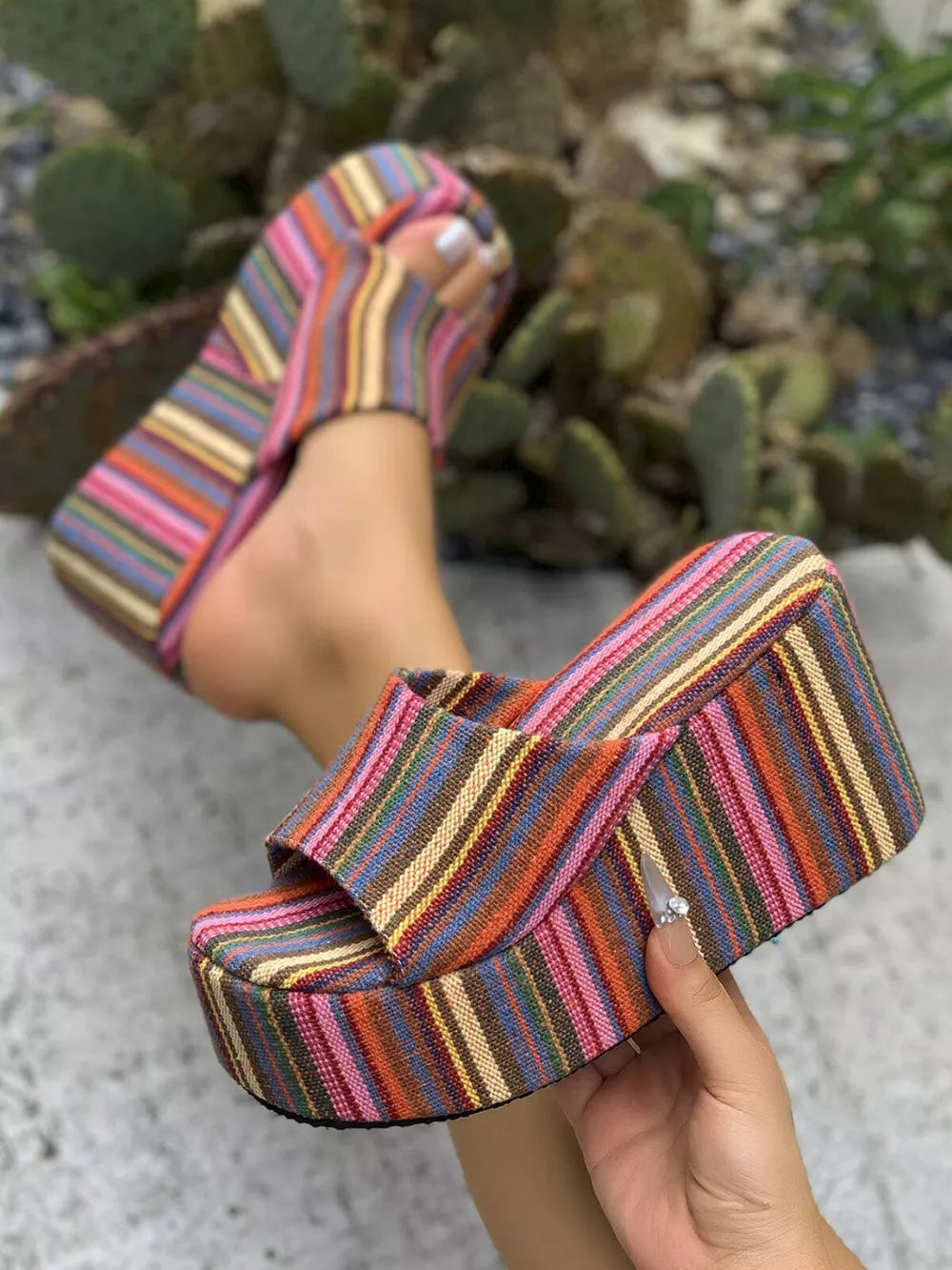 Women's Striped Platform Wedge Sandals – High Heel Canvas & PU