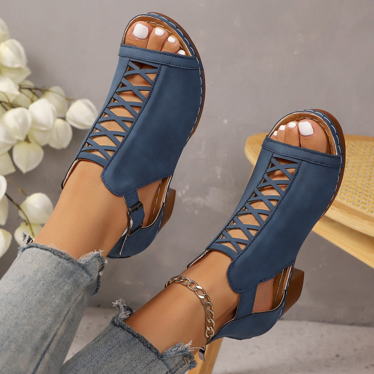 Women's Open Toe Block Heel Sandals | PU Leather High Heel Shoes