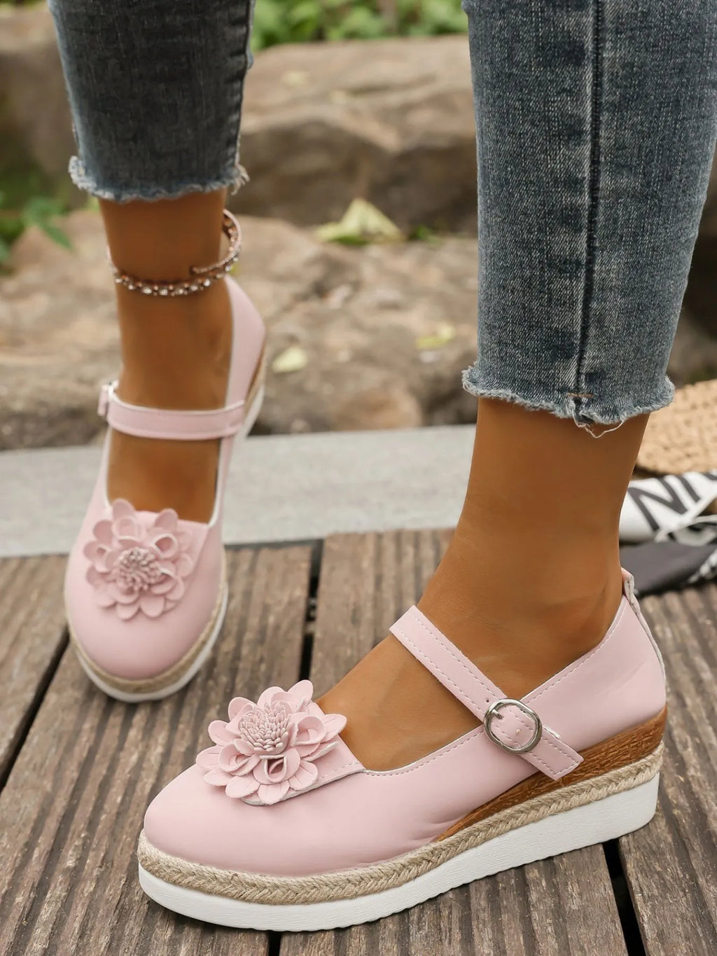 Women's Flower Embellished Mary Jane Loafers | Low Heel PU Leather Shoes