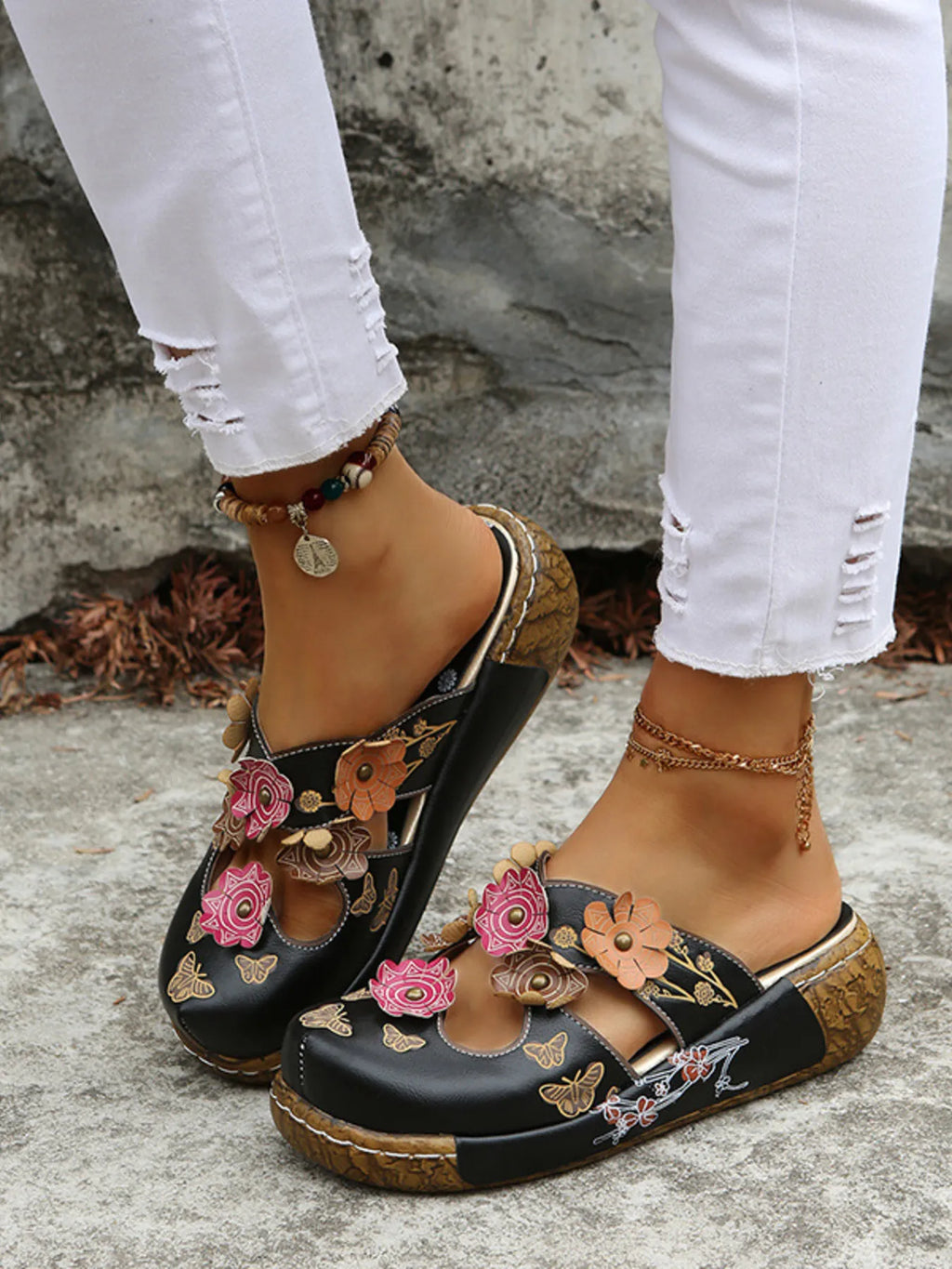 Women's Floral Flat Sandals | PU Leather Open Toe Summer Shoes